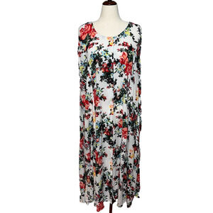 Denim 24/7 Dress 18-20 Maxi White Pink Floral Colorful Button Up Beachy NWT